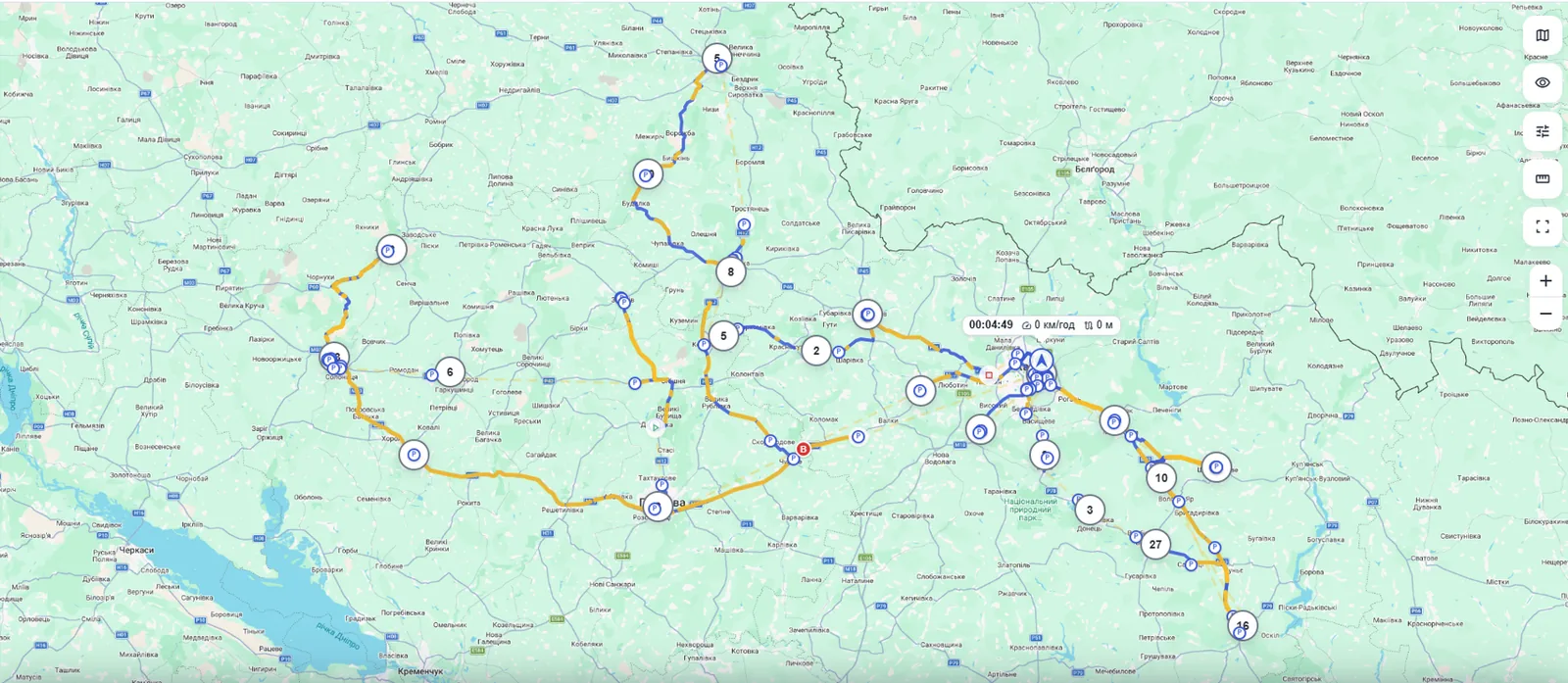 Трек вантажівки у зоні глушіння GPS без відновлення: прямі лінії через області